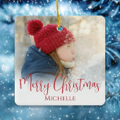 Frohe Weihnachts-Foto Calligraphy Red Green Karier Keramikornament