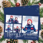 Frohe Weihnachts Foto Collage Navy Blue Script Feiertagskarte<br><div class="desc">Dieses Design verfügt über eine fröhliche Weihnachtskarte,  marineblau und silber,  mit Kalligraphie-Bürstenskript,  einem einfachen minimalistischen,  trendigen Typografie-Design mit einem mehrteiligen Collage-Template,  einer modernen minimalistischen,  klassischen,  Urlaubskarte,  mit modernem Stil.</div>