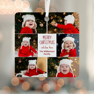 Frohe Weihnachts Foto Collage Niedlich Red Script Ornament Aus Metall