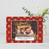 Frohe Weihnachts Foto Collage Red Gold Schneeflock Einladung (Stehend Vorderseite)