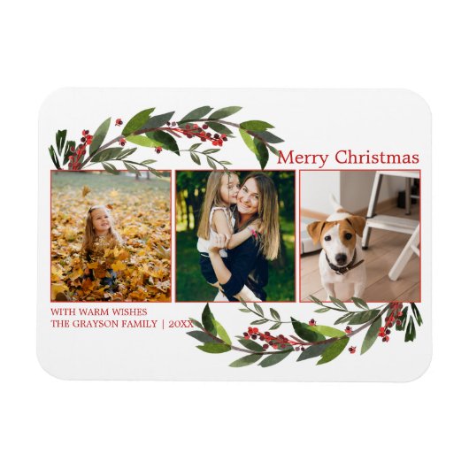 Frohe Weihnachts Foto Collage Wasserfarbe Florals Magnet (Horizontal)