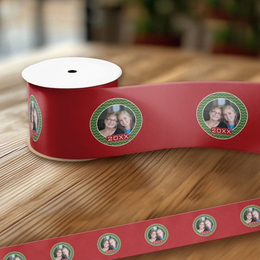 Frohe Weihnachts Foto Custom Year - Green Red Satinband