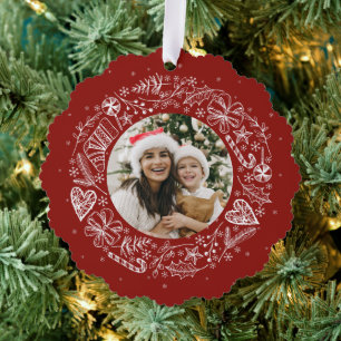 Frohe Weihnachts-Foto Gold Kranz Rot Ornament Karte