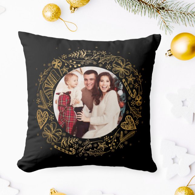 Frohe Weihnachts-Foto-Goldkranz Kissen (Von Creator hochgeladen)