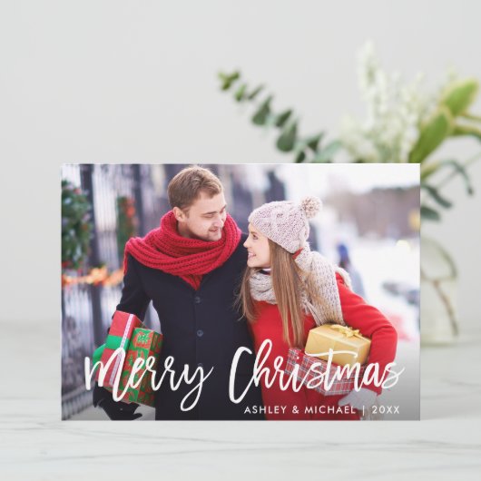 Frohe Weihnachts-Foto Moderne Pinselskriptkarte Einladung (Stehend Vorderseite)