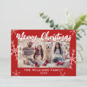 Frohe Weihnachts-Foto Rote Schneeflocken Feiertagskarte (Stehend Vorderseite)
