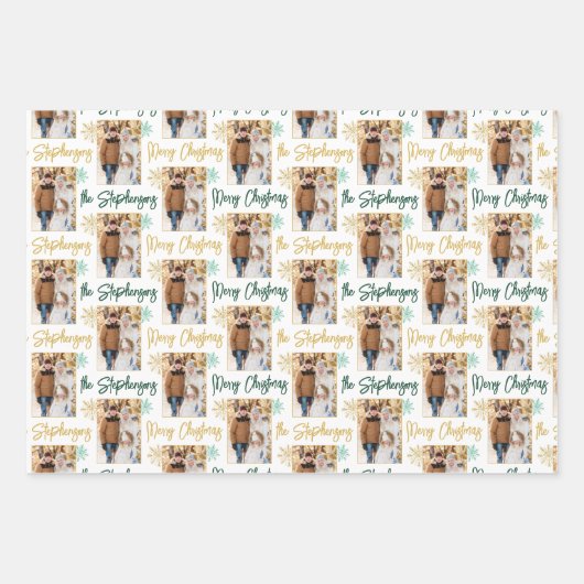 Frohe Weihnachts Foto Script Name Gold Green Geschenkpapier Set (Vorderseite)