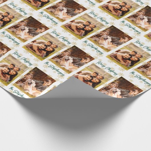 Frohe Weihnachts-Foto-Script Name Green Gold Geschenkpapier (Ecke)