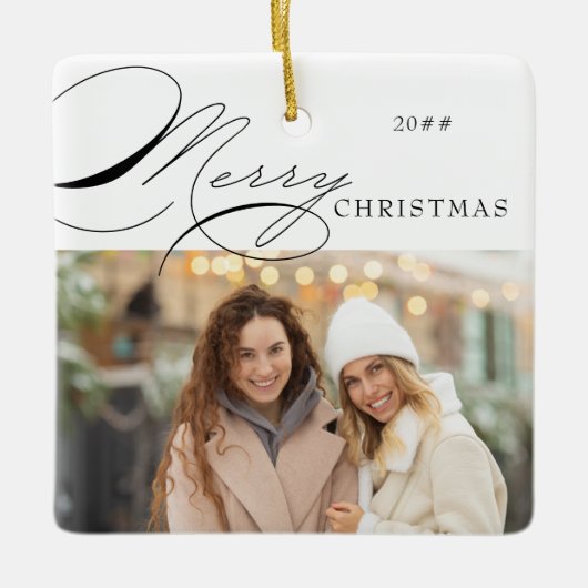Frohe Weihnachts-Foto und elegante Kalligrafie Keramikornament (Vorderseite)