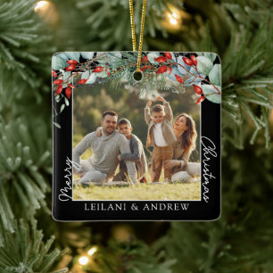 Frohe Weihnachts-Foto und Wasserfarbe Holly Black Keramikornament