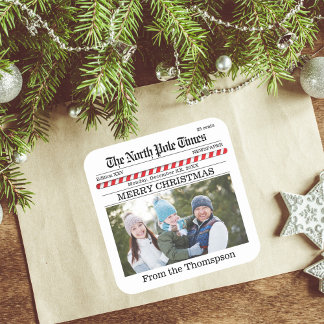 Frohe Weihnachts-Foto Whimsical Newspaper Print Quadratischer Aufkleber