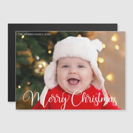 Frohe Weihnachts-Foto White Script Magnet-Karte Magnetkarte (Vorne/Hinten)