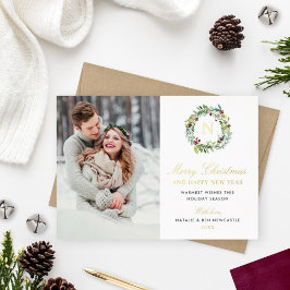 Frohe Weihnachts-Foto Winter Greenery Monogram Folien Feiertagskarte