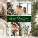 Frohe Weihnachts-FotoCollage Feiertagskarte<br><div class="desc">Diese fantastische 3-Foto-Urlaubskarte mit "Frohe Weihnachten!" in einem modernen Script-Schriftart und Ihrem Familiennamen und Jahr in einem feinen Schriftart mit traditioneller Kappe in Weiß auf dunkelgrün mit passendem Rücken ist ideal für den Versand an Ihre Familie und Freunde. Jeder wird Liebe bekommen neue Fotos Ihrer Familie!</div>