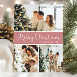 Frohe Weihnachts-FotoCollage Feiertagskarte<br><div class="desc">Diese fantastische 3-Foto-Urlaubskarte mit "Frohe Weihnachten!" in einem modernen Script-Schriftart und Ihrem Familiennamen und Jahr in einem sauberen,  klassischen Schriftart,  sowohl in Weiß auf staubiger Rose mit einem passenden Rücken ist ideal für den Versand an Ihre Familie und Freunde. Jeder wird Liebe bekommen neue Fotos Ihrer Familie!</div>