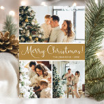 Frohe Weihnachts-FotoCollage Feiertagskarte<br><div class="desc">Diese fantastische 3-Foto-Urlaubskarte mit "Frohe Weihnachten!" in einem modernen Script-Schriftart und Ihrem Familiennamen und Jahr in einem sauberen,  klassischen Schriftart mit Kappe,  beides in weiß auf goldfarben mit einem passenden Rücken ist ideal für den Versand an Ihre Familie und Freunde. Jeder wird Liebe bekommen neue Fotos Ihrer Familie!</div>