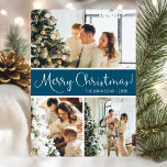 Frohe Weihnachts-FotoCollage Feiertagskarte<br><div class="desc">Diese fantastische 3-Foto-Urlaubskarte mit "Frohe Weihnachten!" in einem modernen Script-Schriftart und Ihrem Familiennamen und Jahr in einem sauberen,  klassischen Schriftart,  sowohl in Weiß als auch aquamarin mit einem passenden Rücken ist ideal für den Versand an Ihre Familie und Freunde. Jeder wird Liebe bekommen neue Fotos Ihrer Familie!</div>