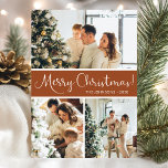 Frohe Weihnachts-FotoCollage Feiertagskarte<br><div class="desc">Diese fantastische 3-Foto-Urlaubskarte mit "Frohe Weihnachten!" in einem modernen Script-Schriftart und Ihrem Familiennamen und Jahr in einem klaren Schriftart mit traditioneller Kappe sowohl in Weiß auf Terrakotta mit passendem Rücken ist ideal für den Versand an Ihre Familie und Freunde. Jeder wird Liebe bekommen neue Fotos Ihrer Familie!</div>