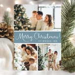 Frohe Weihnachts-FotoCollage Feiertagskarte<br><div class="desc">Diese fantastische 3-Foto-Urlaubskarte mit "Frohe Weihnachten!" in einem modernen Script-Schriftart und Ihrem Familiennamen und Jahr in einem feinen,  klassischen Schriftart,  sowohl in Weiß als auch in staubblau mit einem passenden Rücken,  ist ideal für den Versand an Ihre Familie und Freunde. Jeder wird Liebe bekommen neue Fotos Ihrer Familie!</div>