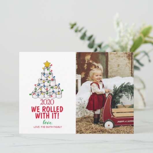 Frohe Weihnachts-Fotokarte Wir rollten mit ihr Einladung (Stehend Vorderseite)