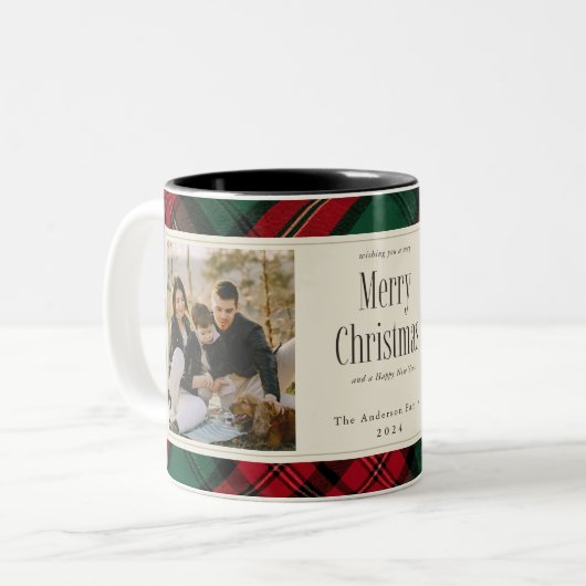 Frohe Weihnachts-Fotos Elegant Grün Kariert Zweifarbige Tasse (Vorderseite Links)