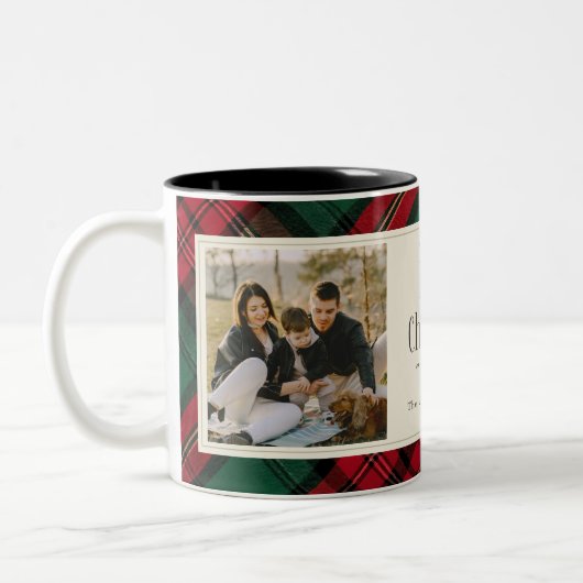 Frohe Weihnachts-Fotos Elegant Grün Kariert Zweifarbige Tasse (Links)