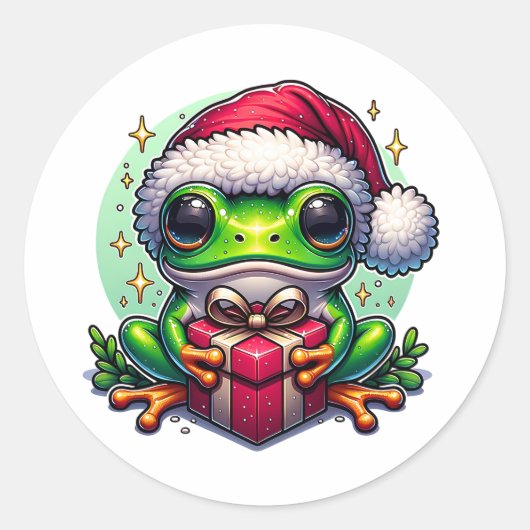 Frohe Weihnachts-Frosch mit Geschenk Runder Aufkleber (Vorderseite)