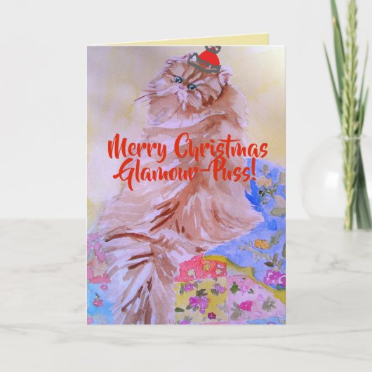 Frohe Weihnachts-Glamour-Puss Handgemalte Katzenka Karte (Vorderseite)