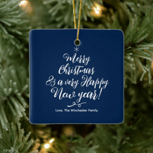 Frohe Weihnachts-Glück Neujahr blauen Drehbuch-Fot Keramikornament