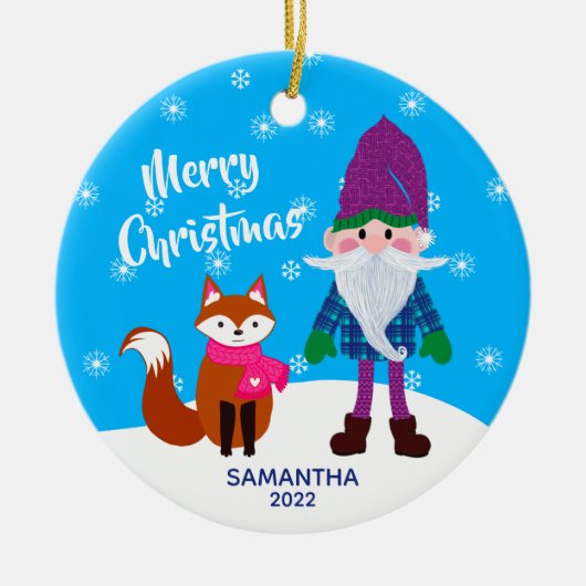 Frohe Weihnachts Gnome Fox Personalisiert Keramik Ornament (Vorne)