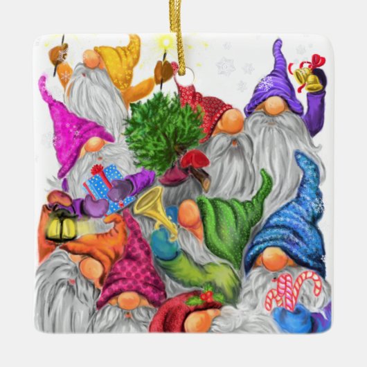 Frohe Weihnachts Gnome Party Funny Zeichnend Keramikornament (Vorderseite)