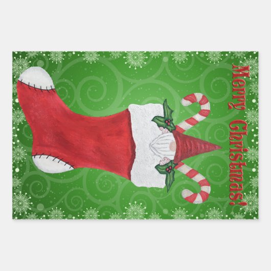 Frohe Weihnachts Gnome Red Christmas Strumpf Swirl Geschenkpapier Set (Vorderseite 3)