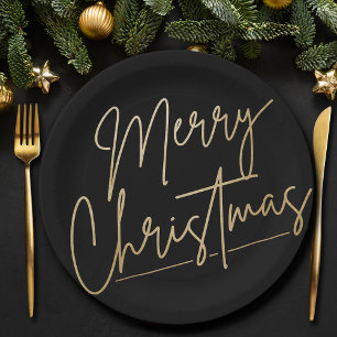 Frohe Weihnachts Gold auf schwarz Pappteller