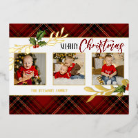 Frohe Weihnachts Gold Blätter 3-Foto Red Tartan