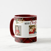 Frohe Weihnachts Gold Blätter 3-Foto Red Tartan Tasse (Vorderseite Links)