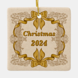 Frohe Weihnachts-Gold-Bow Vintag Keramikornament