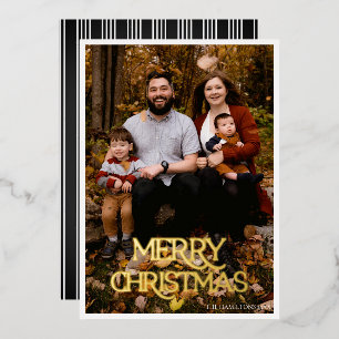 Frohe Weihnachts Gold Foil Black & White Stripe Folieneinladung