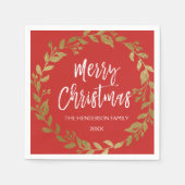 Frohe Weihnachts Gold Foil Wreath mit Name & Datum Serviette (Vorderseite)