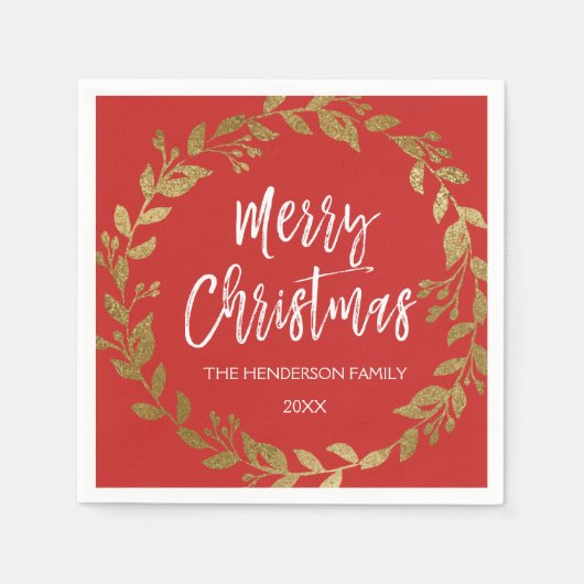 Frohe Weihnachts Gold Foil Wreath mit Name & Datum Serviette (Vorderseite)