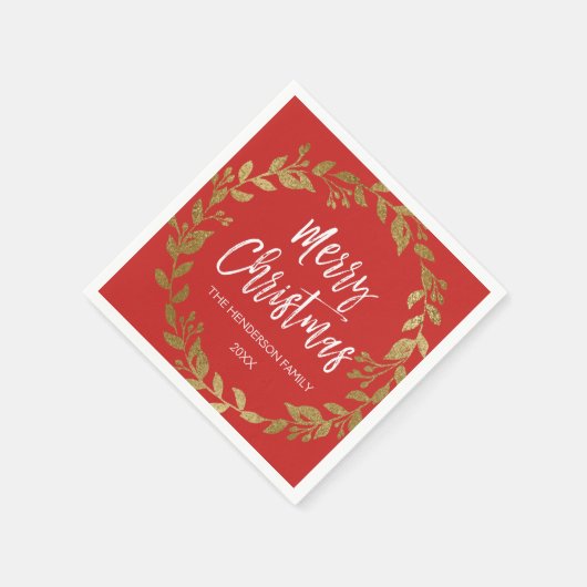 Frohe Weihnachts Gold Foil Wreath mit Name & Datum Serviette (Ecke)