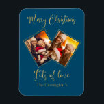 Frohe Weihnachts Gold Foto Name Blue Magnet<br><div class="desc">Niedliche und festliche Keepake-Magnet-Urlaubskarte für Ihre Familie und Freunde. Ein großartiges Geschenk für Oma und Opa.</div>