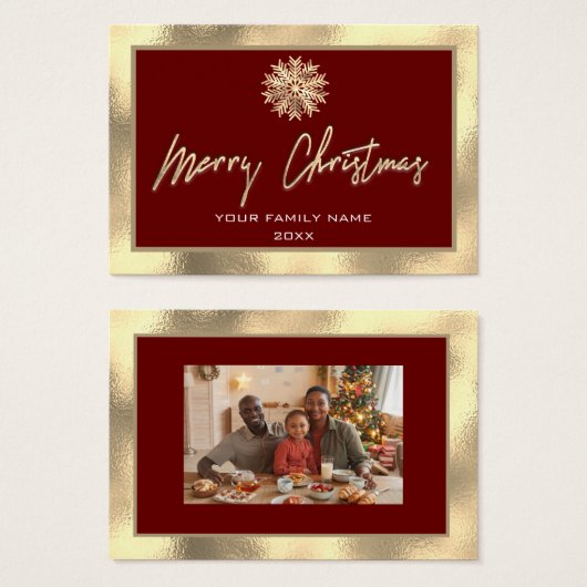 Frohe Weihnachts Gold Frame Familie Foto Burgundy (Vorne & Hinten)