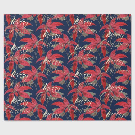 Frohe Weihnachts Gold Glitzer Script Floral Navy Geschenkpapier (Flach)