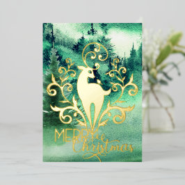 Frohe Weihnachts-Gold-Hirschwald-Foto Folien Feiertagskarte