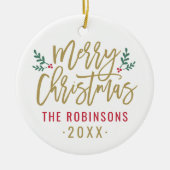 Frohe Weihnachts Gold Script Custom Family Foto Keramik Ornament (Vorne)