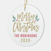 Frohe Weihnachts Gold Script Custom Family Foto Keramik Ornament (Links)