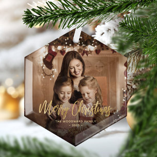 Frohe Weihnachts-Gold-Script-Familie Foto Ornament Aus Glas