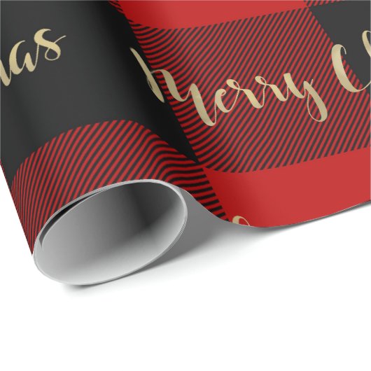 Frohe Weihnachts Gold Script Red Buffalo Kariert Geschenkpapier (Rolleneckpunkt)
