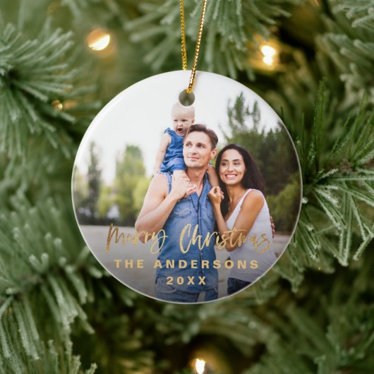 Frohe Weihnachts-Gold-Script-Stars-Foto Keramik Ornament (Baum)
