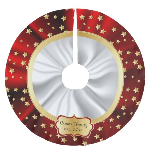 Frohe Weihnachts Gold Stars Rot und Weiß Hintergru Polyester Weihnachtsbaumdecke (Vorderseite)